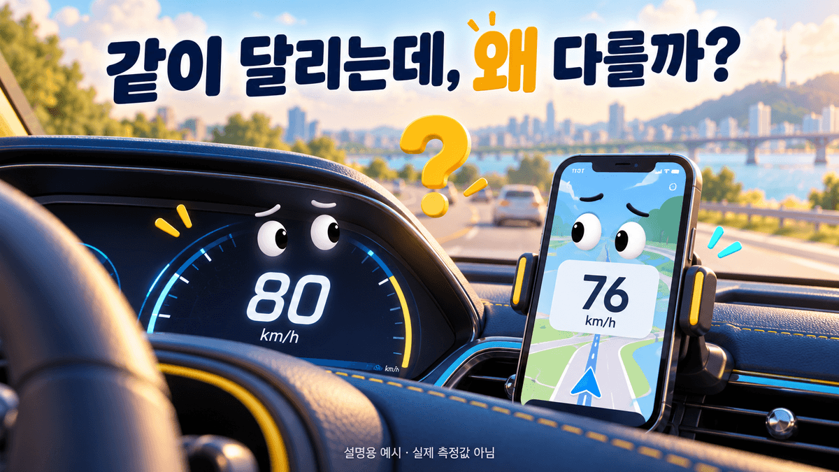 계기판은 80km/h, 내비게이션은 76km/h를 표시하며 서로 의아해하는 설명용 일러스트