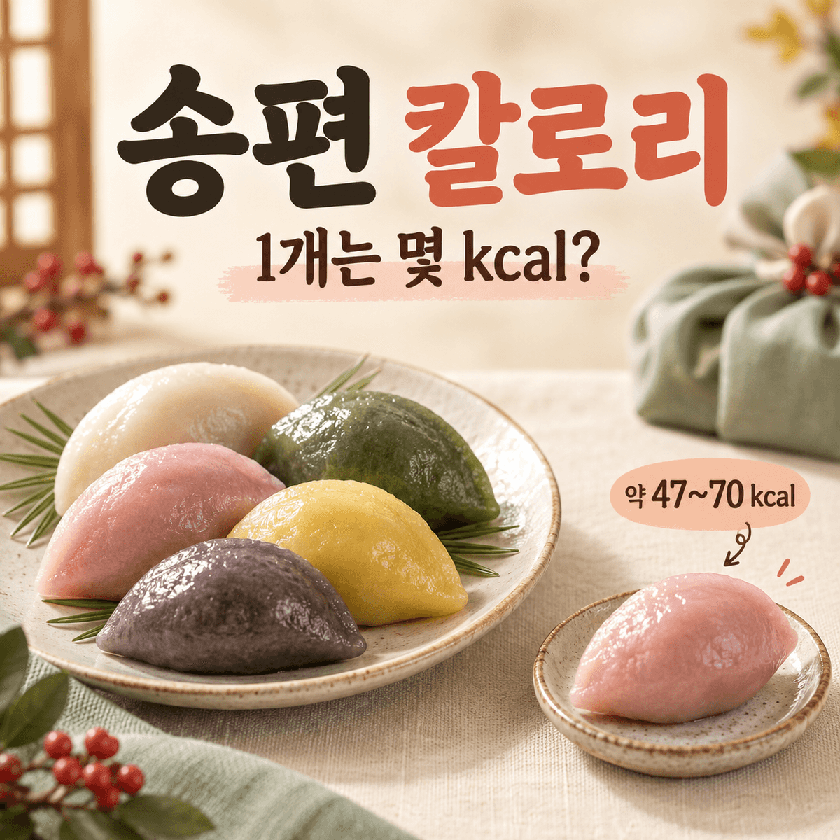 한 개와 여러 개의 송편 칼로리를 보여주는 추석 음식 이미지
